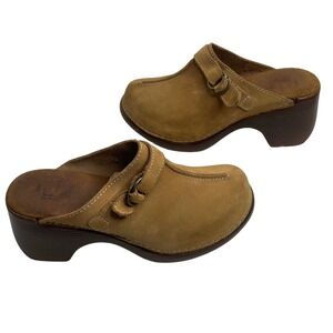 VTG Y2K Suede Clog Wedge Shoes Women's 8 Tan Buckle Chunky Heel Slip On Casual